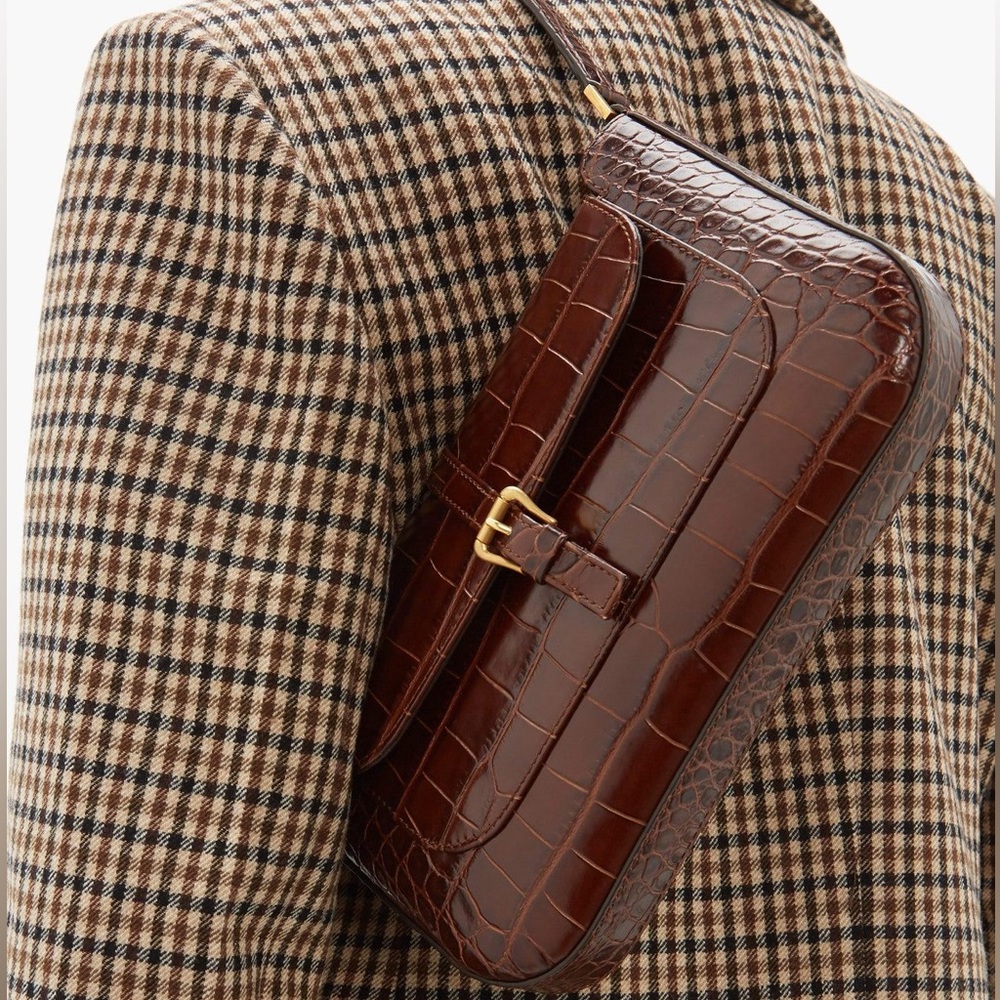 BY FAR Dark Brown Croc-Embossed Shoulder Bag with Gold Buckle